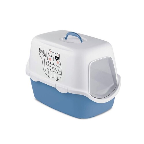 Stefanplast Griffe Baskılı Kapalı Kedi Tuvaleti Mavi/Beyaz